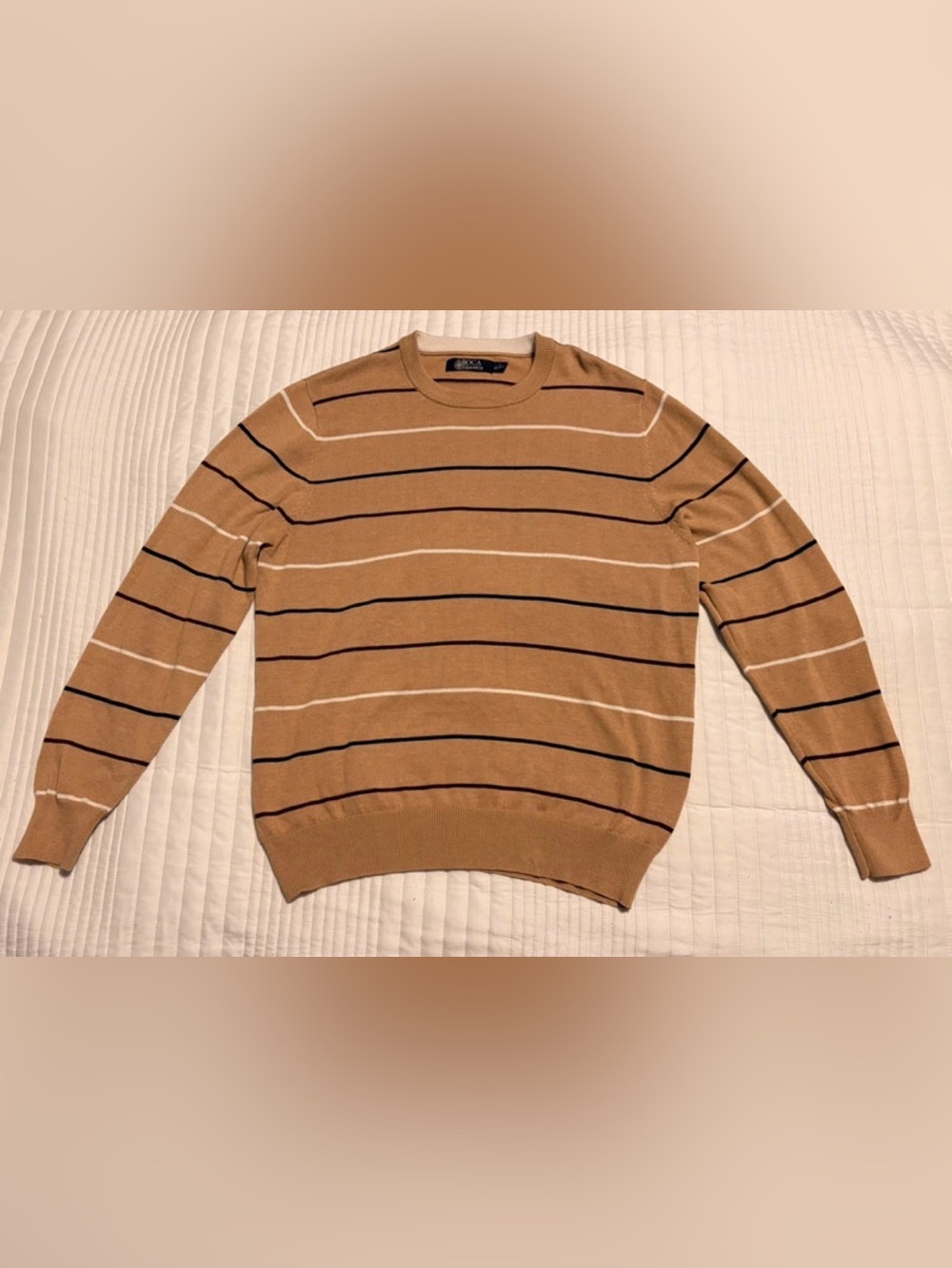 BOCA classics Men's Tan Striped Knit Crewneck Pullover Sweater Logo M